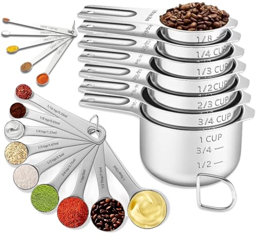 21PCS Measuring Cups and Spoons Set, Include 7 Nesting Measuring Cups, 9 Measuring Spoons and 5 Mini Spoons, Stainless Steel Metal Measuring Set, Kitchen Gadgets for Cooking & Baking