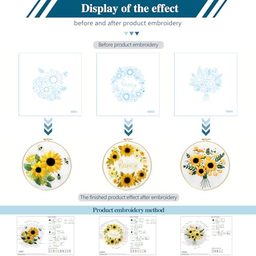 Image of Zhenqing Sunflower Embroidery Kit 3 Designs | 11.4 inchx11.4 inch Beginner-Friendly Hand Embroidery Set with Hoop & DMC Threads | DIY Home Wall Decor, Mindful Gift for Mothers Day C0005