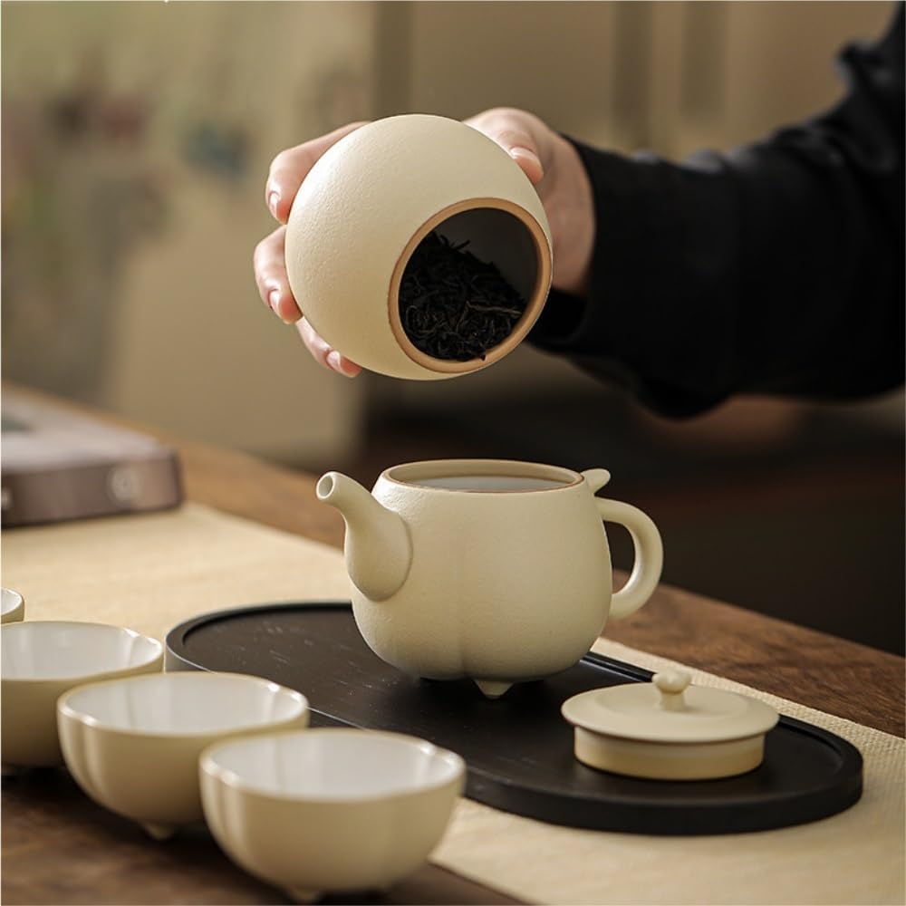 SONGCHAO Sugar Jar Ceramic Tea Storage Container Jar Sealed Teapot with Four Cups Creative Travel Portable Set Gift Box Tea Canister(B)