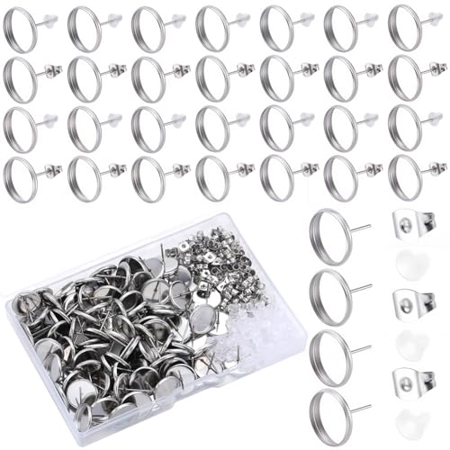 SOFPLATE 1 Box 100Pcs 12Mm Bezel Post Earrings Blanks Stud Earring Cabochon Stainless Steel hypoallergenic Silver Earring Studs with Ear Nut Round Earring Posts for Jewellery Making Supplies DIY Craft