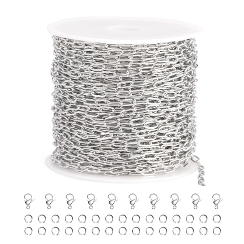 SMYHTGLIF 32.8 Feet Silver Cable Paperclip Jewelry Making Chains Stainless Steel Necklace Bracelet...