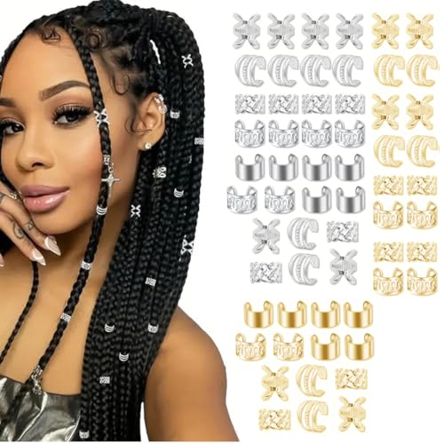 SIRLOMU 60 piezas ajustable para trenzas, joyas Loc para el cabello, clips para rastas, accesorios para el pelo, pinzas pelo, abalorios pelo para hombres, mujeres, niñas y niños (Oro+Plata)