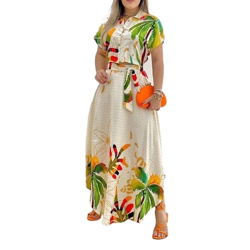 EVMILA 2023 Women's Temperament Lapel Button Top Ruffle Skirt Suit (Color : Printing on White, Size : Medium)