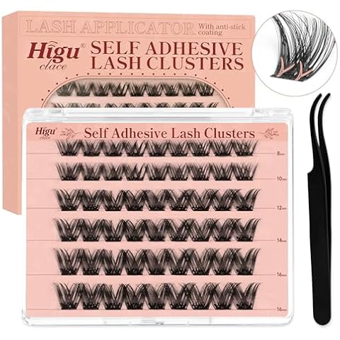 Higu clace Self Adhesive Eyelashes 54pcs, D curl Pre-Glued Lash Clusters Kit, with Lash Tweezers 1 Step Press On Cluster Lashes, No Glue No Remover Needed False Eyelash Clusters(Dense,8-16mm) Cover