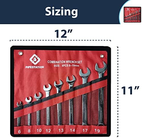 Pipestation Spanner Sets | 8 Piece Combination Spanner Set | Drop Forged Chrome Plated Open end and Ring end 6mm - 19mm with Spanner Organiser Storage Pouch | Wrench for Bolts Fixing Car Bike