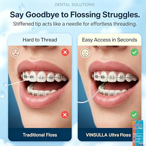 Image of VINSULLA 3-in-1 Orthodontic Dental Floss for Braces & Implants | Built-in Threader, Spongy & Regular Floss, PFAS & PTFE-Free, Unflavored, 160 Pre-Cut (2 Pack)