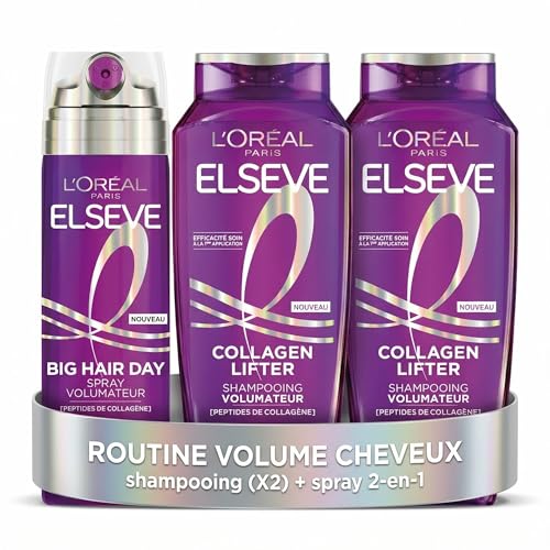 L'Oréal Paris - Idée Cadeau Saint-Valentin - Routine Volume & Densité - Cheveux Fins & Plats - Shampooing (2x250ml) & Spray 2-en-1 - Enrichi en Peptides de Collagène - Elseve Collagen Lifter