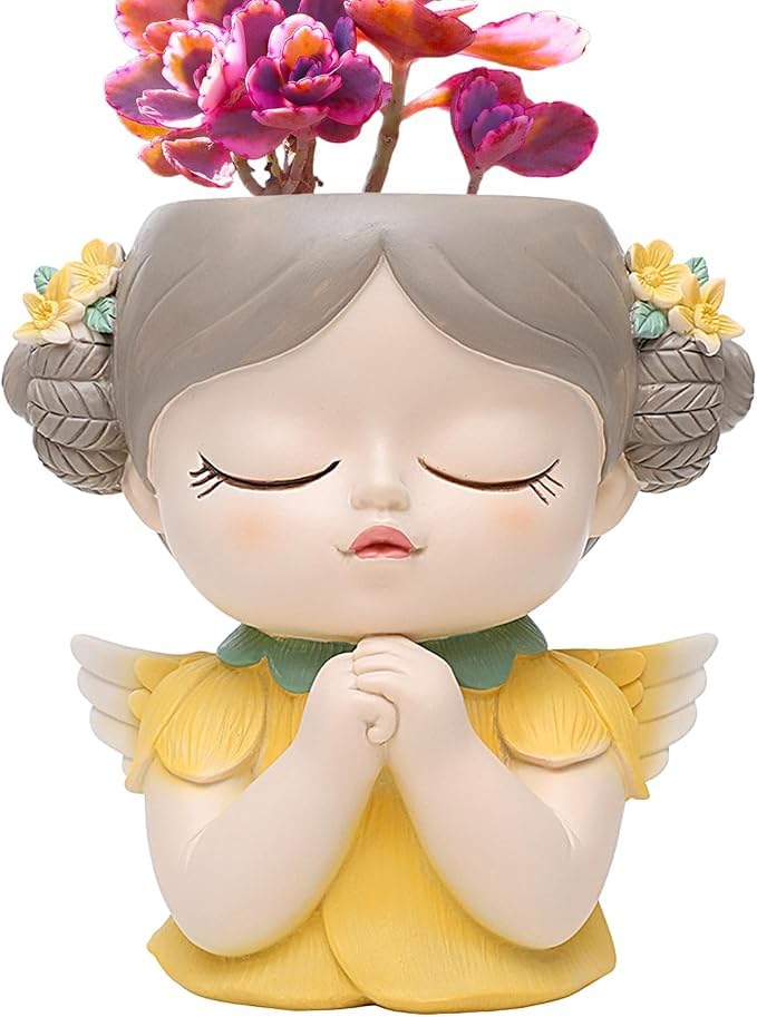 Image of Angel Succulent Planter Pot, Cute Praying Girl Resin Flower Pot with Drainage, Mini Indoor Plant Holder for Succulents, Cactus & Desk Decor, Home Office Gift, Yellow