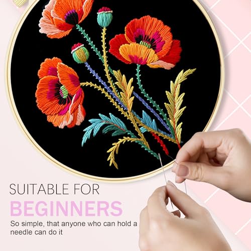 Image of Huacan Embroidery Kit for Beginners, Flower Pre-Stamped Pattern Kits for Adults with Hoop, Easy to Follow Color Thread Needlework