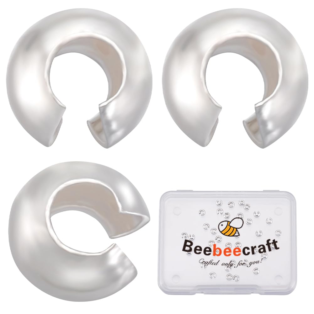 Beebeecraft 300 Pcs Silver Crimp Bead Covers - 304 Stainless Steel Clamshell Fold Over End Caps For Jewelry Making