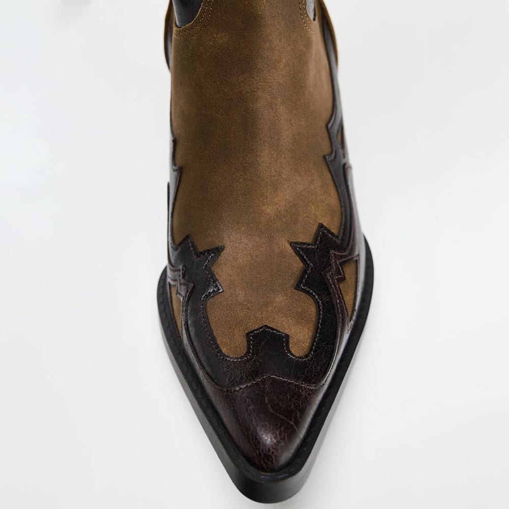 YIYA Dark Brown Western Cowboy Boots for Women Wide Calf Pointed Toe Embroidered Mid Calf Cowgirl Chunky Heels Pull On Knee High Boots