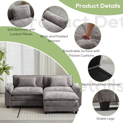 Image of Oprisen 86 inch Modular Sectional Sofa, Comfy Cloud Couch Sectional Sofa with Ottoman, Chenille Sofa Sleeper Deep Seat Sofa with Throw Pillows for Living Room (Light Gray, 86 inch- L Shape)
