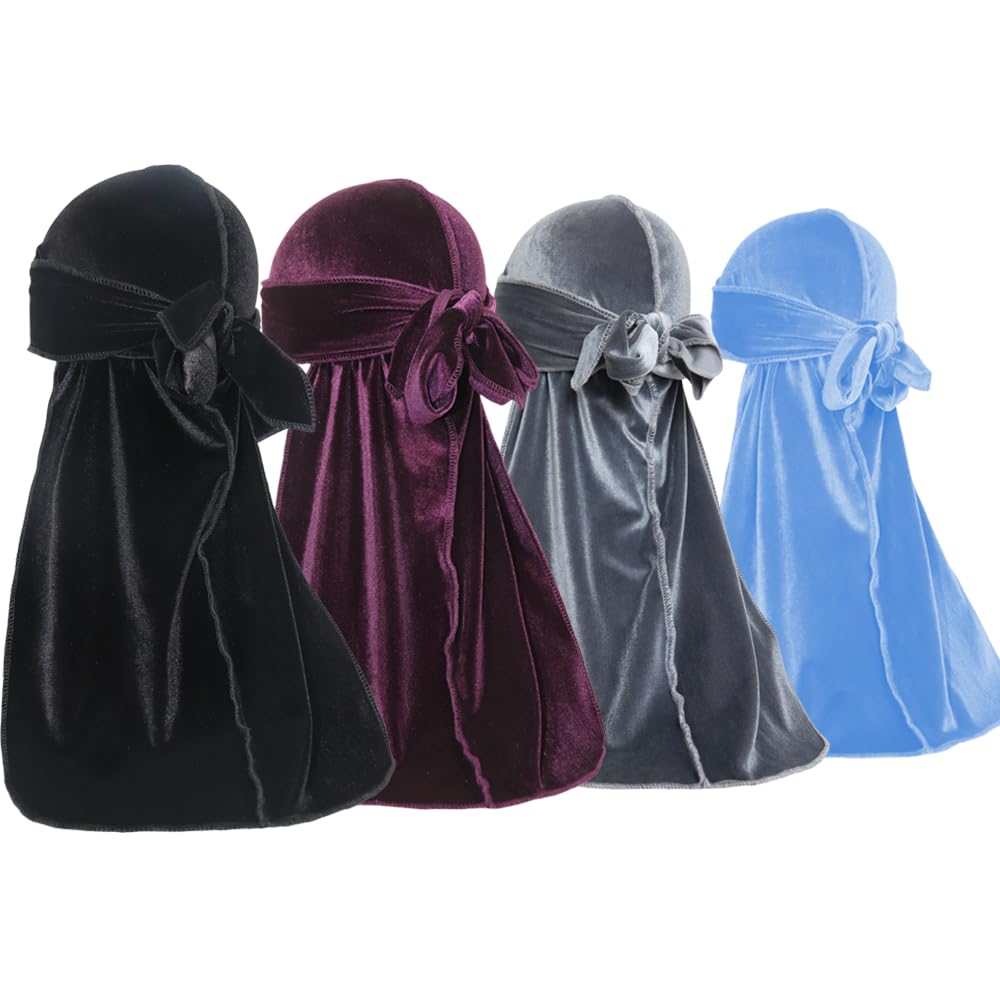 ForceWave Velvet Durags for Men Premium Du Rags Pack of 4 for Men Women with Long Tail and