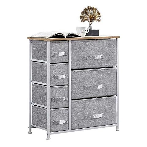 Huisen Furniture Bedroom Chest of Drawers Sideboard Grey Large Living Room Unit Storage Cabinet with 7 Drawers for Hallway Kid Room Toy Organizer Cabinet with Metal Frame Fabric Drawers Cover
