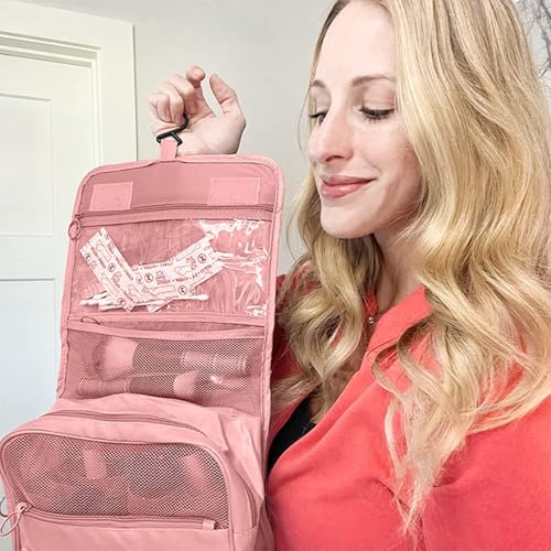 Image of Travel Toiletry Bag with Hanging Hook, Waterproof Cosmetic Organizer Pouch, Foldable Makeup Storage Case with Mesh & Transparent Compartments, Portable Travel Accessories Bag (Pink Pink)