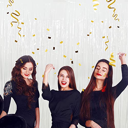 Image of 3Pcs White Metallic Tinsel Foil Fringe Curtains, 3.28ft x 6.56ft White Photo Booth Backdrop Streamer Curtain,Photo Booth Props, Bachelorette Party Supplies, Birthday, Christmas,New Year Decorations