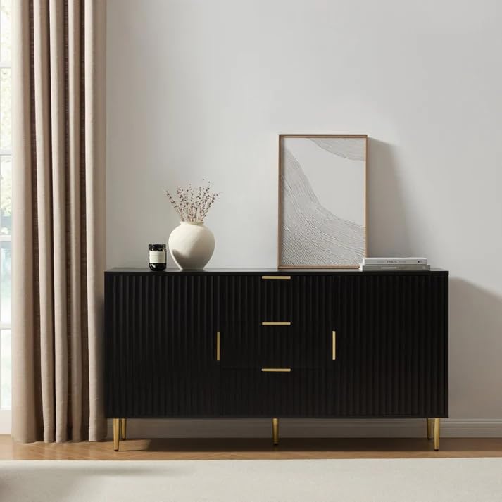 Image of Wooden Sideboard Cabinet for Living Room | Side Board with 3 Drawers & 2 Doors Cabinet Storage for Dining, Drawing and Home Office | HDMR Premium Wood & Iron | Black & Golden