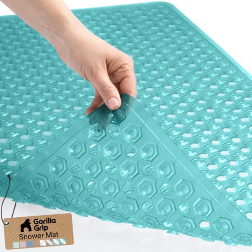 Image of GORILLA GRIP Patented Bath Tub Shower Mat, Machine Washable Bathtub Floor Liner Mats, Suction Cups and Drain Holes to Keep Tubs Clean, Soft on Feet, Bathroom Essentials, 35x16 Inch, Clear Turquoise