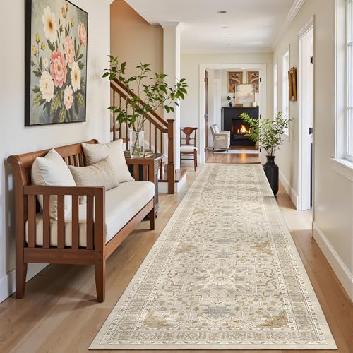 Madane Hallway Runner Rug 2x12, Long Washable Runner Rugs 12ft with Rubber Backing, Non Slip Carpet Runner, Vintage Rug Runners for Kitchen Laundry Room Entryway (Beige/Blue, 2'x12')