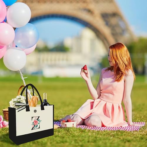 Image of Initial Canvas Tote Bag, Monogrammed Tote Bags Suitable for Mother's Day Wedding Beach