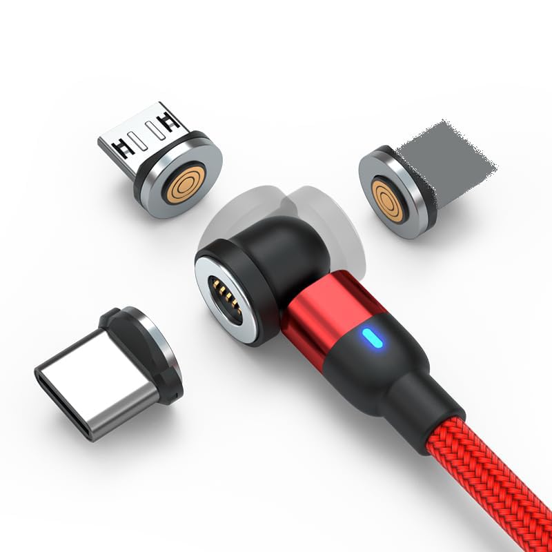 Magnetic Charging Cable 540° Rotation Magnetic Phone Charger 5pin USB C Cable,Micro USB,iProduct Device 3 in 1.LED Light Magnet Android Charger Type C Cable (Red)