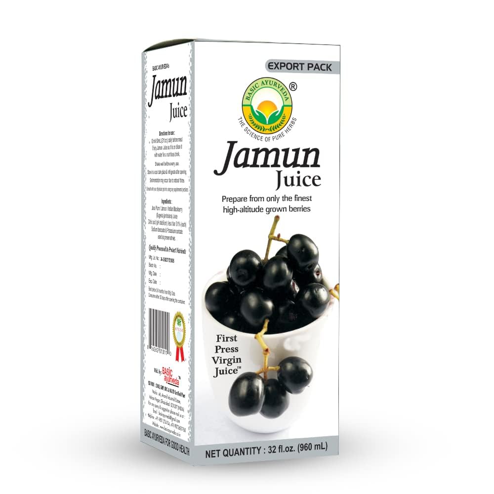 BASIC AYURVEDA Jamun Juice | 32.46 Fl Oz (960ml) | Pure Eugenia Jambolana Fruit Juice | Supports Digestion & Detox | No Added Sugar | Herbal Wellness Drink | Gluten Free, Non-GMO & Vegan