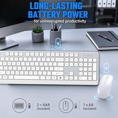Image of Ant MASTER40 2.4GHz Wireless Keyboard and Mouse Combo - Full Size 104-Key Quiet Keyboard with ChatGPT AI Key & Adjustable 1600 DPI Ergonomic Mouse for PC, Laptop, Mac, Windows, Office - Silver White