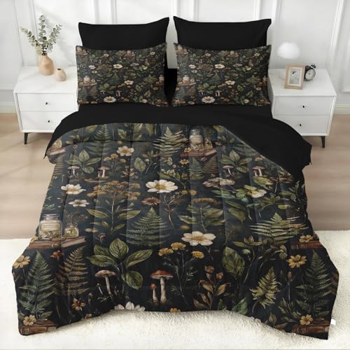 WeCozy 7 Pcs Queen Size Comforter Set with 2 Pillowcases & 2 Shams Mushroom Botanical Cottagecore Bedding Set for Kids and Adults Vintage Floral Bed in a Bag with Flat Sheet and Fitted Sheet