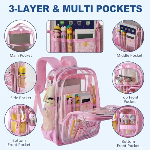 Image of Pink Clear Backpack for School,Heavy Duty PVC Transparent Bookbag for Stadium Events Sports, Girls See Through BackPack Fits 15.6 inch Laptop for Women Work Travel