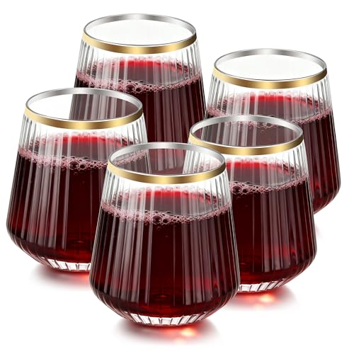 Torchero 24 Pack Plastic Champagne Flutes Disposable Wine Glasses - 12 Oz Unbreakable Stemless Whiskey Glasses, Reusable & Disposable Drinkware for Wedding Bar Party Celebration (Ribbed Ripple)