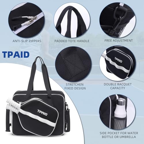 TPAID Pickleball Bag with Shoes & Wet Pocket, Court Bag for 2 Paddles, Black — view 5