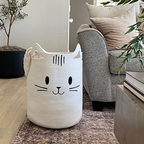 Indressme Cute Baby Laundry Basket, Tall Nursery Hamper For Clothes, Towels, Blankets, Kids Toy Storage Basket For Living Room, Bedroom, Cat Basket For Playroom, 16 X 20 Inches, White #TOP6