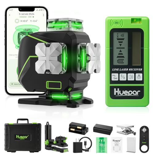 Huepar 16 Lines Self-Leveling Laser Level 4x360° Cross Line Laser with Receiver -LCD Screen, 4D Bluetooth Green Beam Tiling Floor Laser Tool, 360° Horizontal/Vertical Laser Kit -Remote Control S04-5RG