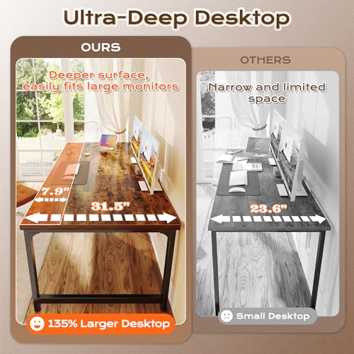 Image of Huuger 71 x 31.5 Inch Desk with Power Outlets & USB-C, 0.95 Inch Thicker Desktop, Robust Metal Tubes, Deep Computer Desk, Heavy Duty Office Desk, Work Desk for Home Office, Rustic Brown