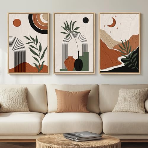 Framed Boho Canvas Wall Art, Set of 3 Abstract Geometric Art Prints, Boho Wall Hanging Pictures for Living Room, Bedroom, Office Wall Decor, 16x24 Inch