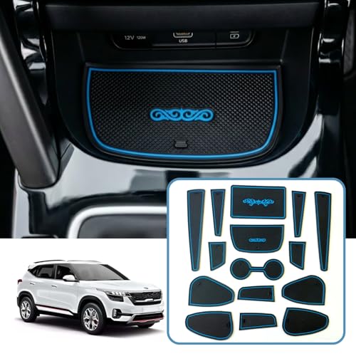 Image of Car Drome | Door Cup Bottle Mat Set for Kia Seltos 2019 to 2022 | Premium Non Slip Rubber Inserts | Custom Fit 15 Pieces | Blue Trim Interior Car Accessories | Dustproof Washable Car Styling