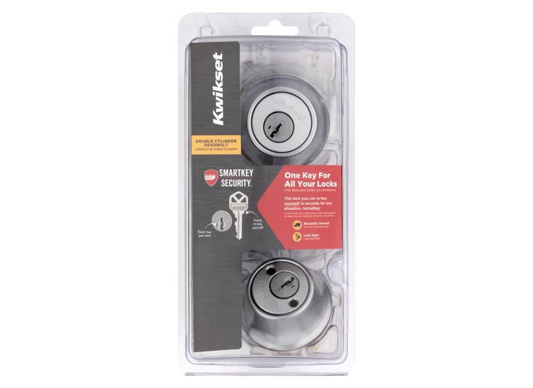 Kwikset SmartKey - Cerradura, Cerrojo de Seguridad, Pestillo Puerta, Doble Cilindro de Metal Cromado Satinado