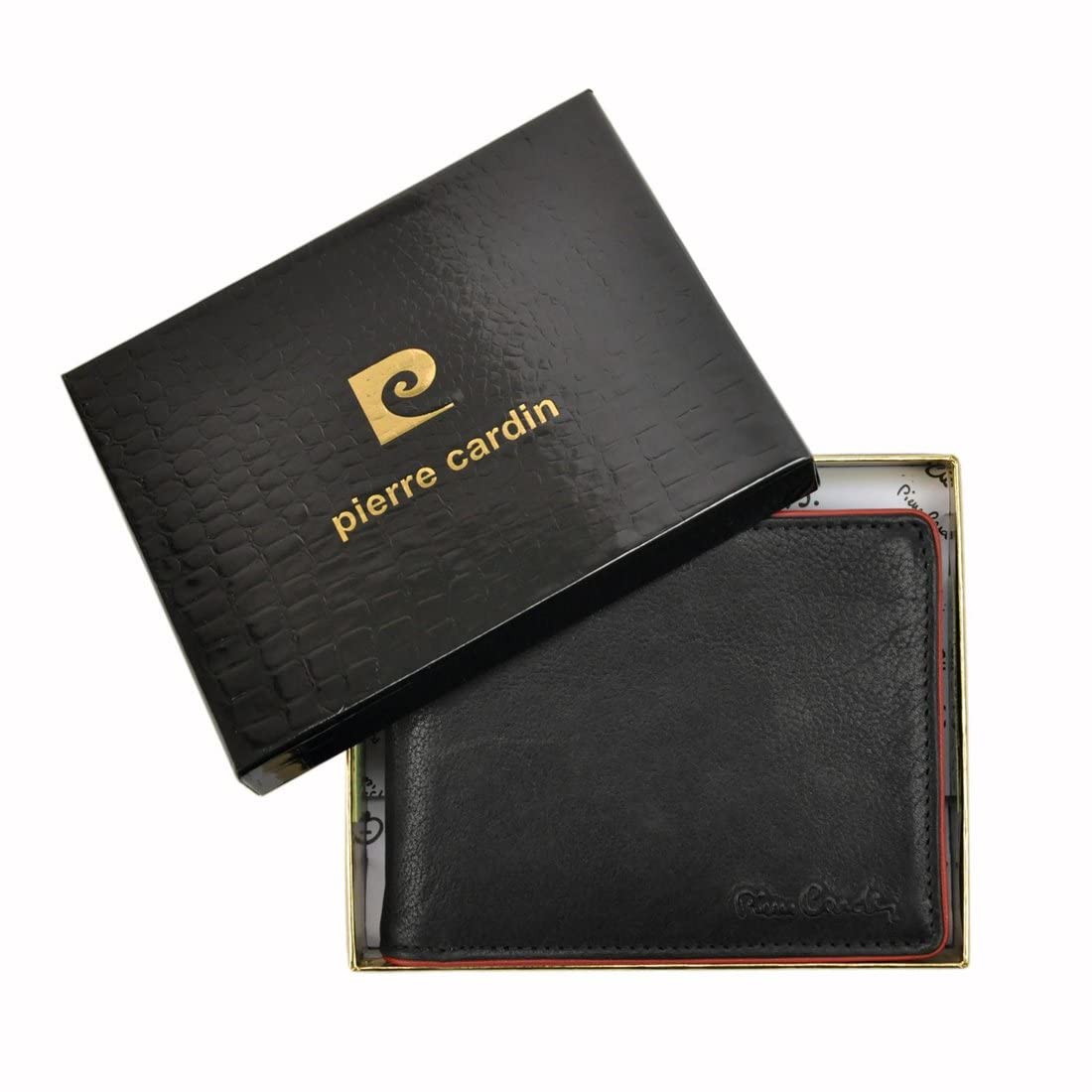 Pierre Cardin TUMBLE 324 Klasyczny portfel męski Pełnoziarnisty Skórzany przegródka na banknoty 6 miejsc na karty Kieszeń na monety 12,5 x 9,5 x 2 cm Poziome czarno-czerwone wykończenia