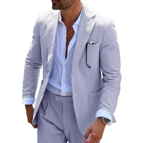 Mens Blue Seersucker Summer Suits Grooms Sear Sucker Suit for Wedding Mens Formal Suits Slim Fit
