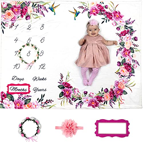 Bliss n' Baby Milestone Blanket for Baby Girl - Perfect Baby Age Blanket with Growth Chart Blanket - New Moms Set, Wrinkle Free, Washable, Dryable Headband- 60