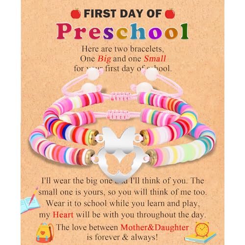 Image of Back to School /First Day of School Bracelet Gifts, First Day of Kindergarten Preschool First /Second Grade Bracelet Gifts, Set of 2 Colorful Matching Butterfly Bracelet for Mom and Daughter