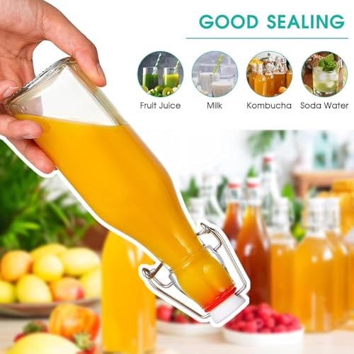 Image of Clear Glass Bottles with Airtight Swing Top Lids - Leakproof Reusable Glass Jars for Juice, Oil, Water, Milk, Kombucha, Vinegar, Beverages - Square, Pack of 2