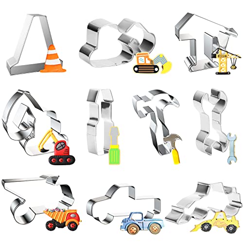 Konstruktion Ausstecher, Powmag 10 Stück Baustellen Ausstechform, Bagger Traktor Ausstecher, DIY Fondant Plätzchenausstecher Set für Kinder Geburtstag Party Deko