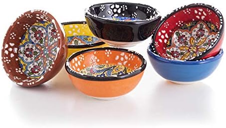 Decorative Desing Turkish Ceramic Bowl Set of 6 with Elephant Wood Serving Plate - Handcrafted Pinch Multicolor Finger Small Serving Bowls
