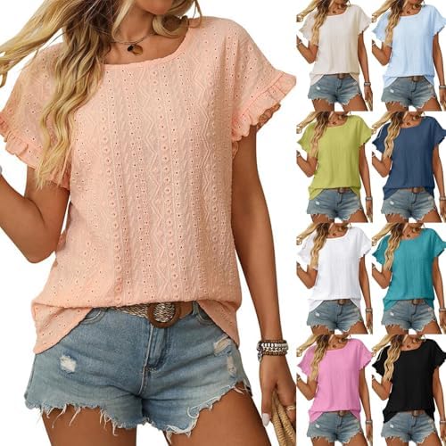 Womens Short Sleeve Eyelet Tops Summer Ruffle Sleeve Hollow Out T Shirts Embroidered Casual Loose Fit Blouses