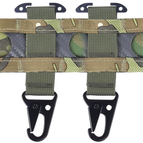 2 Pcs Tactical Gear Clip T-Mount Molle Clip Molle Bag Clip Tactical Clash Hook Hanging Carabiner, MOLLE Webbing Belt Clip with HK Hook for Tactical Backpack Vest Belt,Green