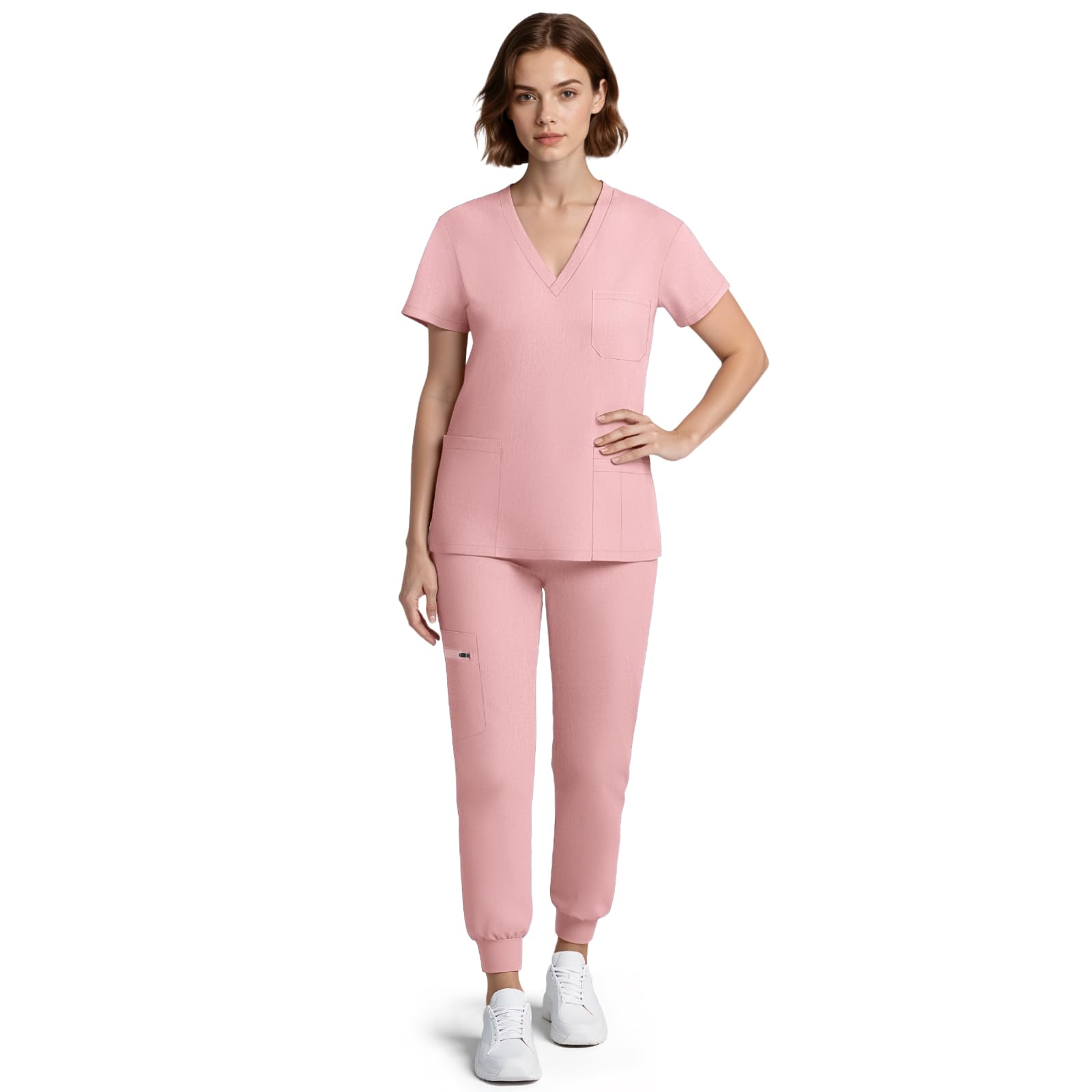 Anwrtuk Women's Pink Medical Scrubs For Set, 4-Way Stretchmedical Uniform Scrub Top With Classic V-Neck & Yoga Jogger Pants Medical Nursing Uniform Set (, M)