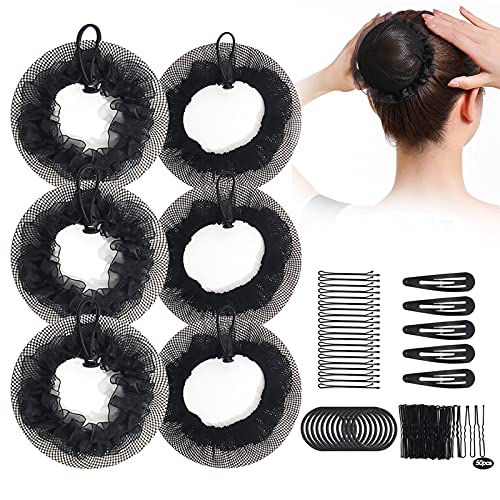 6PCS Bun Hair Nets Set Reusable Elastic Mesh Bun Cover for Ballerina Dancer Bank Clerk Nurse Skater Hair Fixing Black Stretch Lace Hair Accessories for Women Girls Mixed Style-3 (Type-1)
