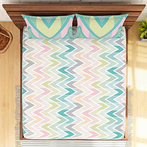 Image of Spaces Atrium Cotton King Size Fitted Double Bedsheet with 2 Pillow Covers Soft Feel Skin Safe Breatheable Fabric (Geometric, 183 cm x 198 cm + 30 cm) - Aqua Green