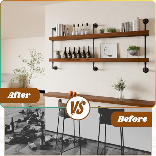 Industrial Wine Rack Wall Mounted, Solid Wood Shelf with Metal Pipe Brackets, 2-Tier Rustic Hanging Organizer for Wine Bottle Storage in Kitchen, Bar, Pub, Cellar(Walnut Brown, 60 Inch)